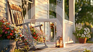 a new white porch bathed in golden sunlight, adorned with a solitary rocking chair and a gently swaying lantern