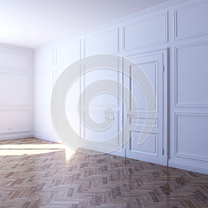 New white room with parquet flooring