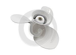 New white screw for a motor boat. Three bladed propeller isolated over white background. Outboard engine propeller isolated
