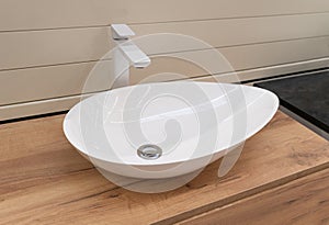 New White Sink with Faucet, Contemporary Wash Basin, Washbasin, Wash Bowl, Bathroom Interior