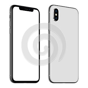 New white smartphone mockup similar to iPhone X front and back sides CCW rotated isolated on white background photo