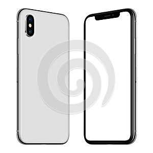 New white smartphone similar to iPhone X mockup front and back sides rotated and facing each other photo