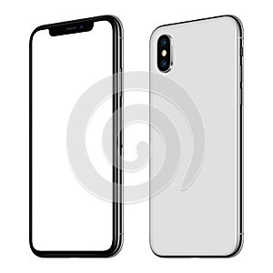 New white smartphone mockup similar to iPhone X front and back sides CW rotated isolated on white background