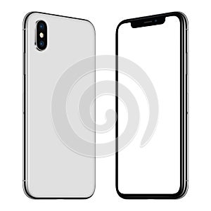 New white smartphone similar to iPhone X mockup front and back sides rotated and facing each other