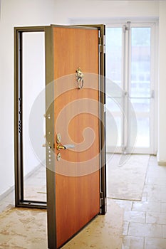 New wooden door in frame stands in hallway of