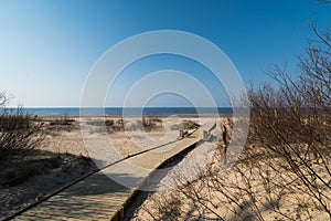 New wooden road leading from the beach dune forest with pines and white sent to the Baltic Sea gulf - Vecaki, Latvia