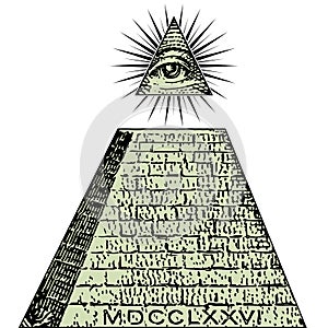 New world order. One dollar, pyramid. Illuminati symbols bill, masonic sign, all seeing eye vector.