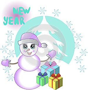 New Yeaar card with snowman and gifts