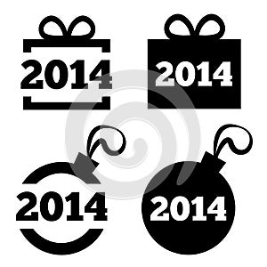 New Year 2014 black icons. Christmas gift, ball.
