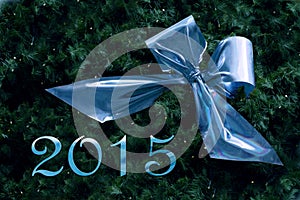 New year 2015, blue ribbon in fir branches with small fairy light