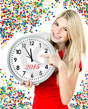 New year 2015. five to twelve. big clock and party decoration