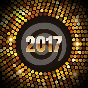 New Year 2017 celebration background. Happy New Year gold type on black background with gold disco sparkles and glitter. Greeting