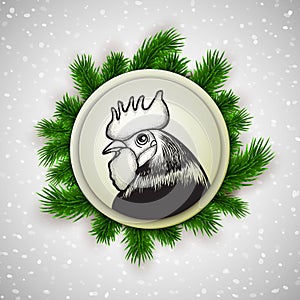 New Year 2017 postcard design, hand drawn rooster symbol surrounded by christmas tree fir branches, greeting card, banner, vector