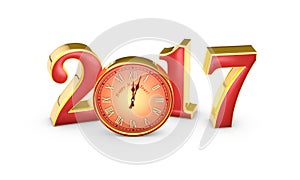 New Year 2017...Red numbers and clock, midnight.. 3D illustration