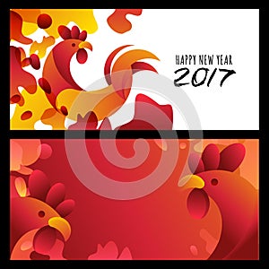 New Year 2017. Set of greeting card, poster, banner with red rooster symbol of 2017.