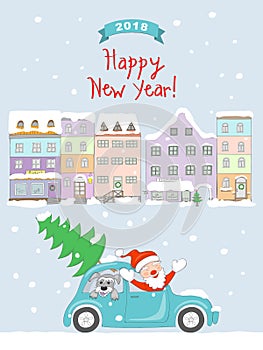 New year 2018 card with coming santa to old city