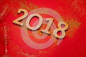 New Year 2018 Decoration on red background.