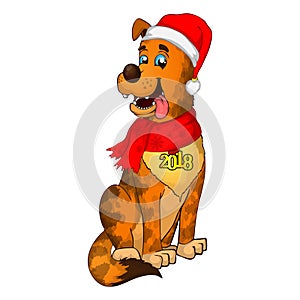NEW year 2018 doggy. Happy Dog cartoon. christmas dog with red scarf. Cute brown puppies