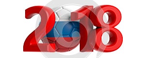 New year 2018 with Russia flag soccer football ball on white background. 3d illustration