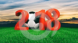 New year 2018 with soccer football ball on grass, blue sky background. 3d illustration