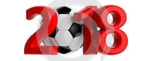 New year 2018 with soccer football ball on white background. 3d illustration