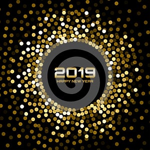 New Year 2019 Card Background. Gold glitter paper confetti. Glistening Golden Disco Lights. Glow Christmas. Vector