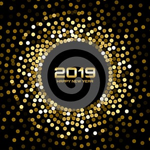 New Year 2019 Card Background. Gold glitter paper confetti. Glistening Golden Disco Lights. Glow Christmas. Vector