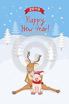 New year 2019 card with reindeer and piggy