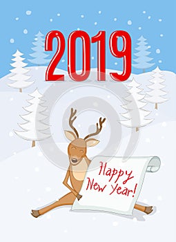 New year 2019 card with reindeer and scroll
