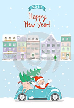 New year 2019 card with santa and pig in retro car in the old town