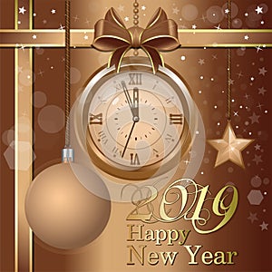 New Year 2019. Christmas card with golden clock