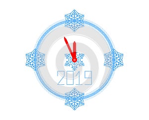 New year 2019 clock with red arrows and blue snowflakes. Vector element for Christmas design, pattern. Isolated white background.