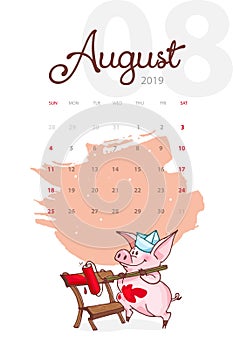 New Year 2019. Creative calendar for August with cute pig. Concept, vector vertical editable template.
