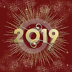 New Year 2019 firework explosion card gold