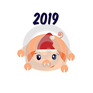 New Year 2019 greeting card with a pig. The year of the pig. Vector image isolated on white background. The pig sees off