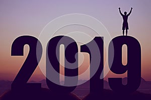 New year 2019 silhouette with cheering man as symbol for success