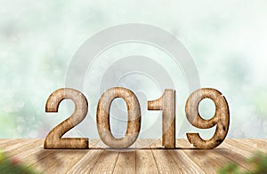 New year 2019 wood number 3d rendering on wooden plank table a