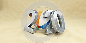 New year 2020 on the beach, beach ball 3D illustration