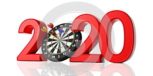 New year 2020, darts on bullseye isolated on white background
