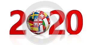 New year 2020 with flags soccer football ball isolated on white background. 3d illustration