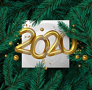 New Year 2020 gold 3d number on pine tree leaf