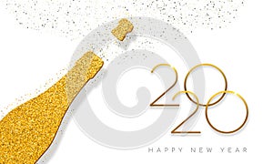 New Year 2020 gold glitter champagne bottle card