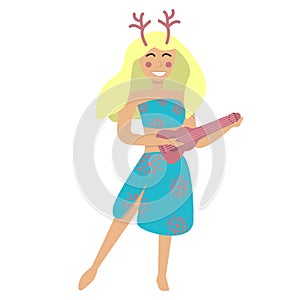 New year 2020 Hawaiian girl in blue dress with print snowflakes dances hulu and plays in ukulele. Aloha holidays