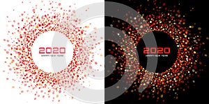 New Year 2020 night background party set. Greeting cards. Red glitter paper confetti. Glistening festive lights vector