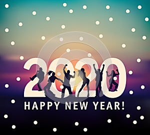 New year 2020 symbol young group people silhouette sky and snow