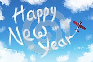 New Year 2020, a turboprop light engine aircraft draws numbers in the sky among clouds