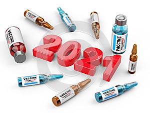 New Year 2021, around a syringe, flasks and vaccine bottles. The concept of global problems of humanity is the fight against a