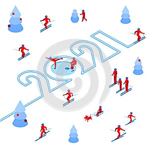 New Year 2021 concept - skier left a trace in