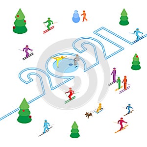 New Year 2021 concept - skier left a trace in