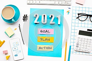 New year 2021,goal,plan,action text  with modern office accessories.Business management,Inspiration concepts